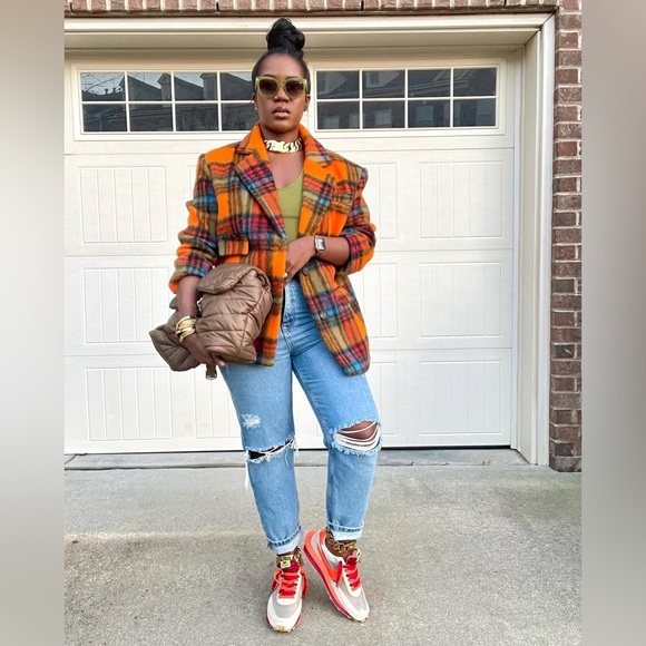 NWT! NASTY GAL Premium Wool Blend Oversized Orange Plaid Stripe Blazer Coat - Picture 10 of 16